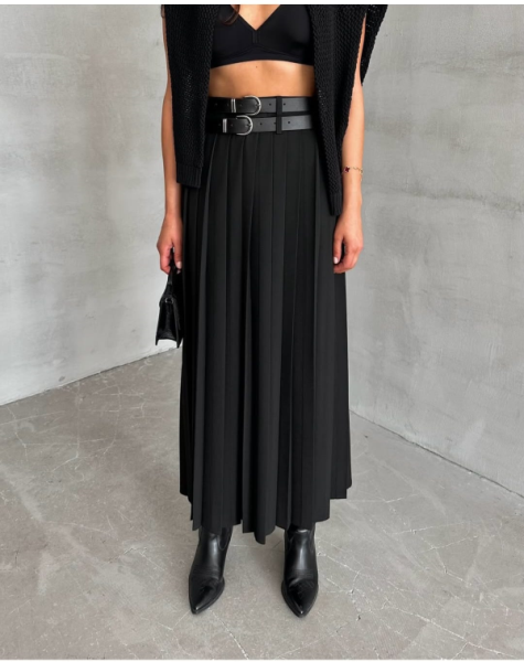 Octagon Etek Piliseli Çift Kemer Yırtmaçlı Siyah