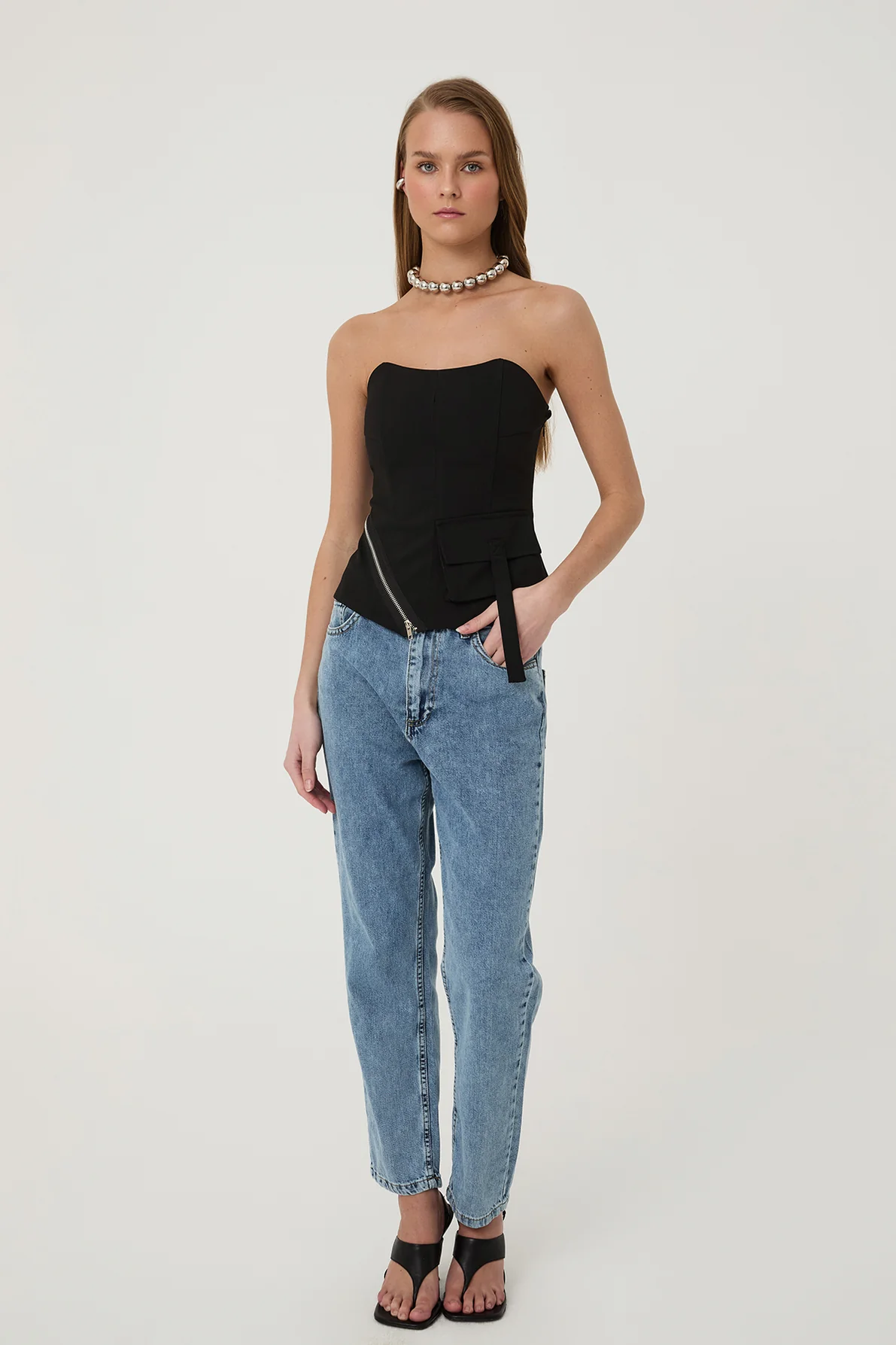 Bluz Fermuar Detaylı Straplez Siyah